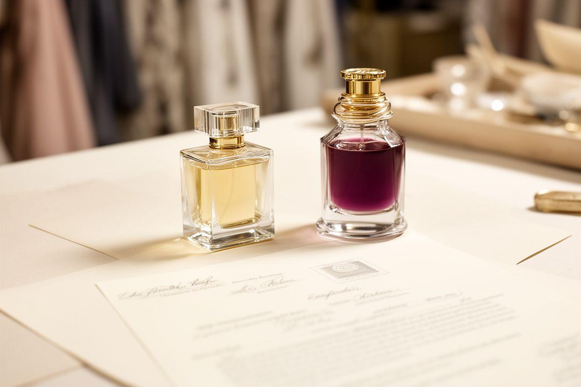 Luxuriöse Parfumflakons und ein handschriftlicher Vertragsentwurf auf einem hellen Atelier-Tisch in Zürich